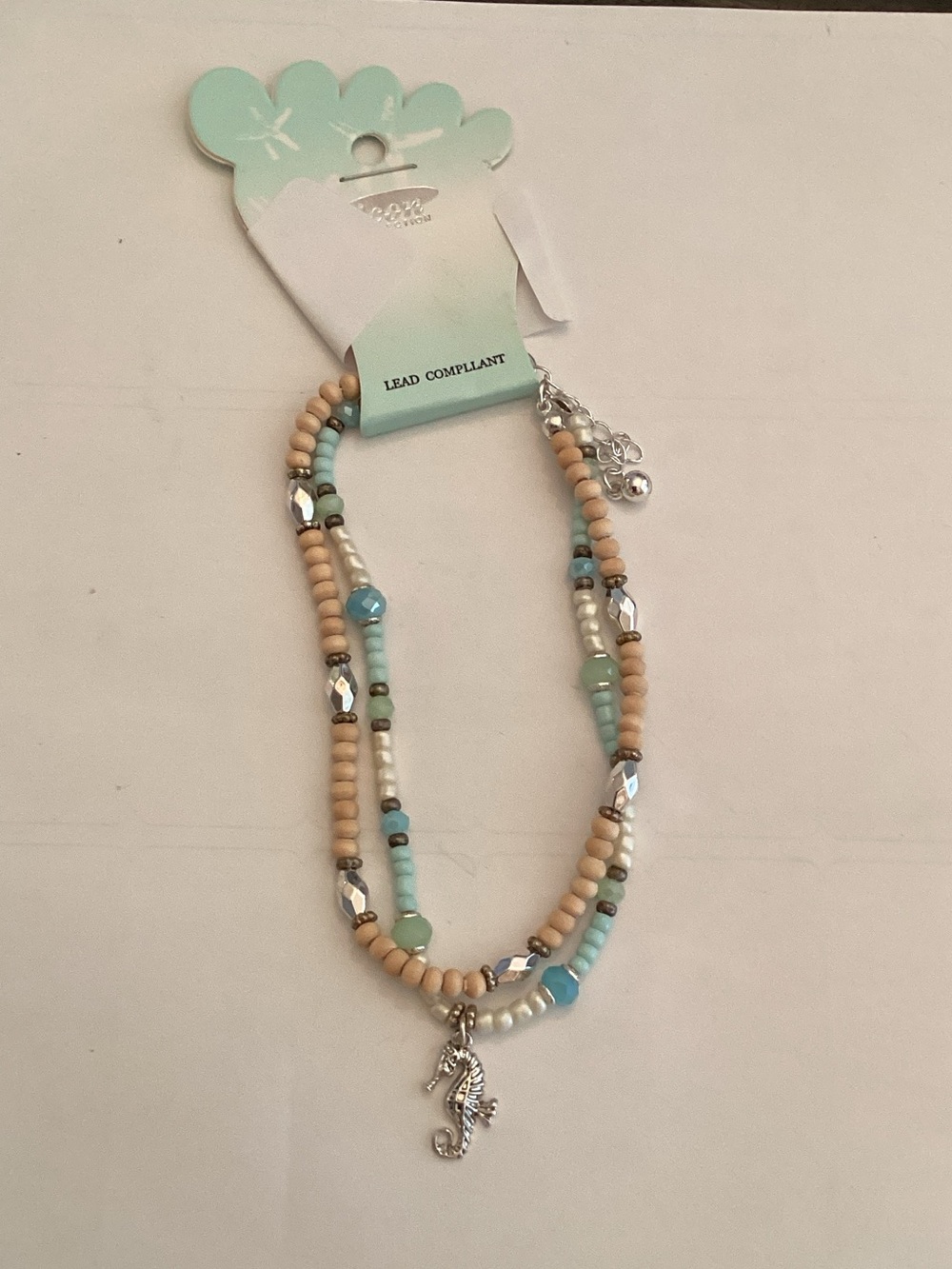 Beaded anklet Set - Turquoise & Beige with Seahorse Charm